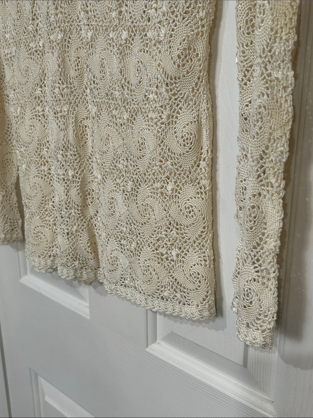 Vintage Hand Crocheted Cream Lace Cardigan Sweater - Picture 10 of 11